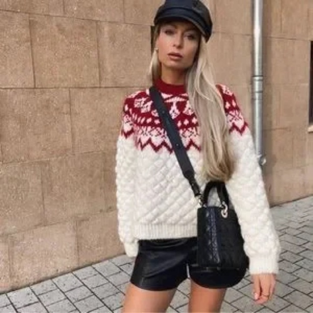 Oversize Wool Cable Knit Red and Cream Sweater